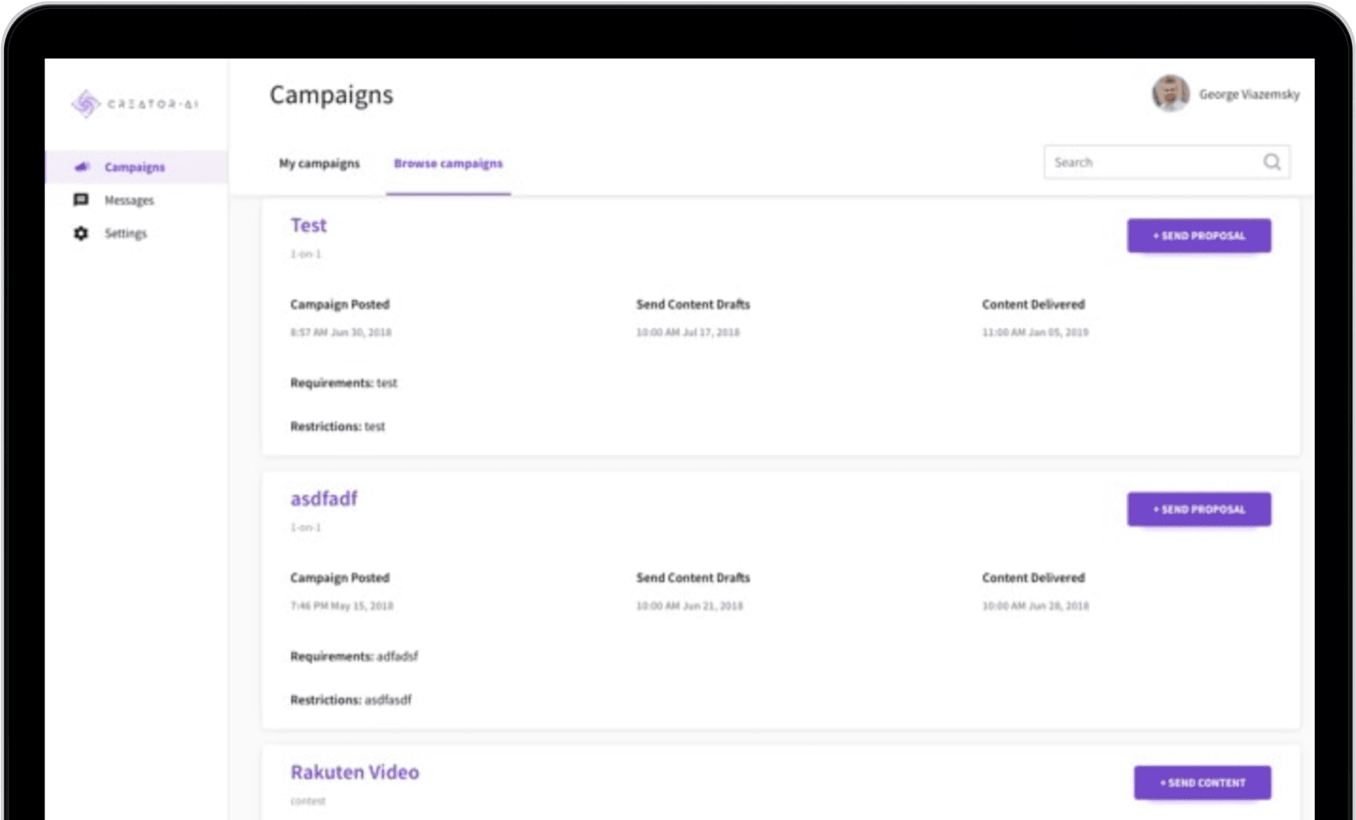 Screenshots of application Creator