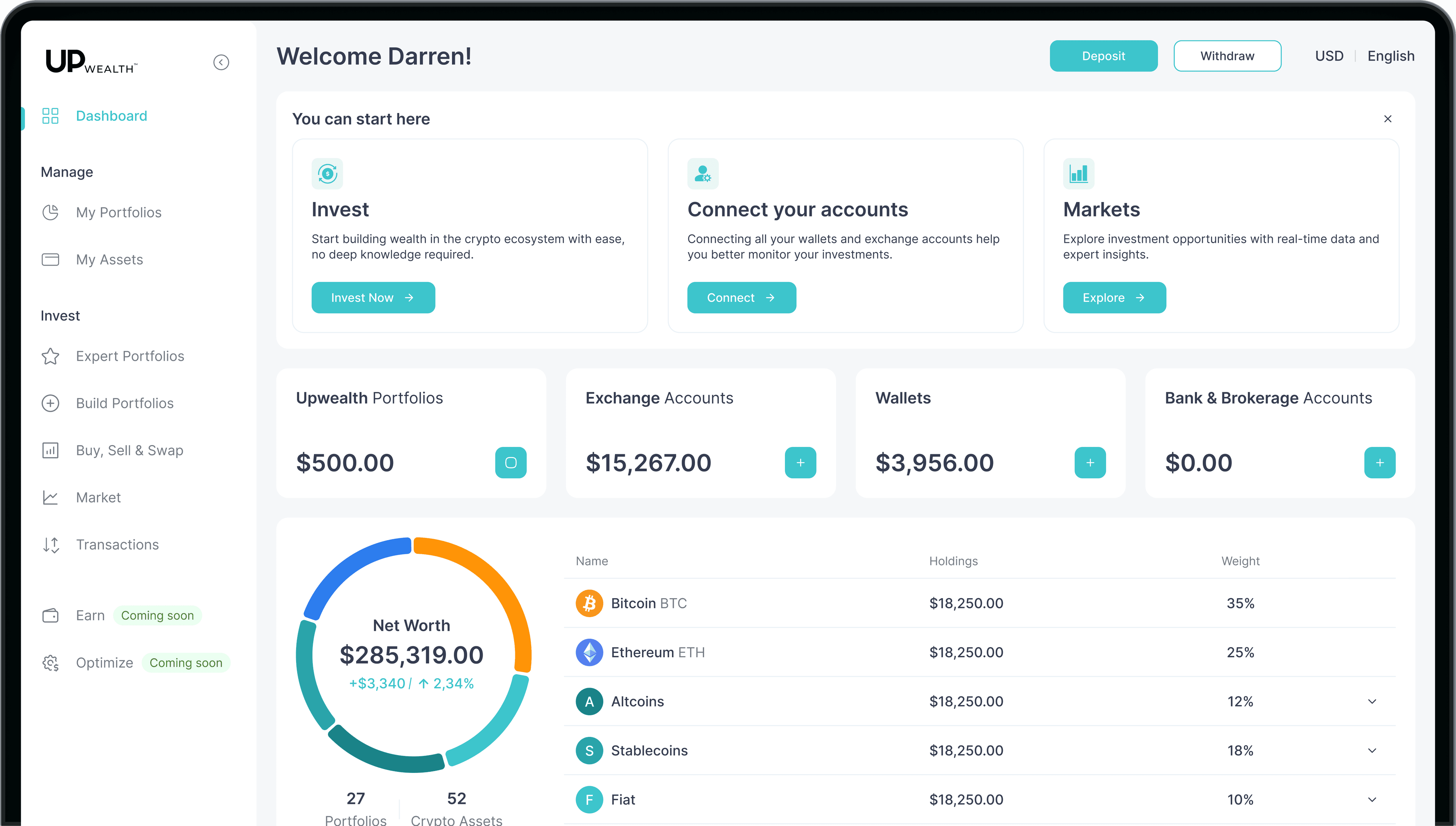 Screenshots of application Upwealth