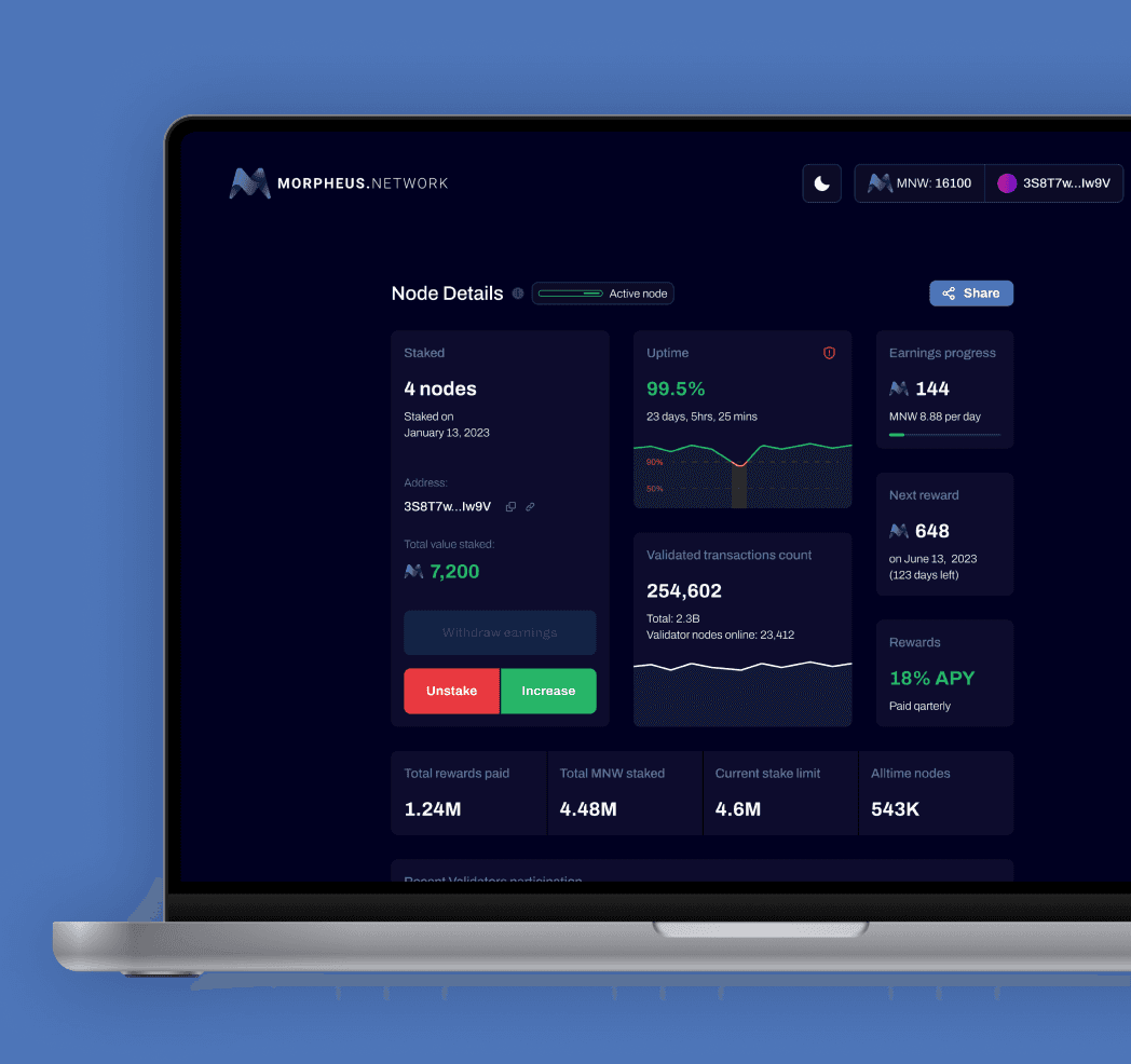 Morpheus.Network app screenshot — Node management and reward program