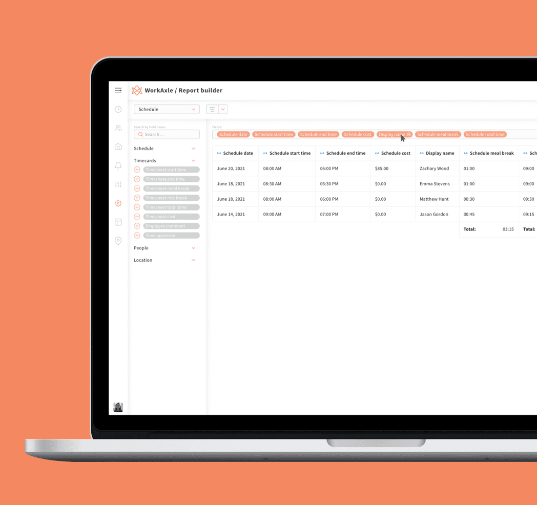 WorkAxle app screenshot — Flexible reporting & Payroll